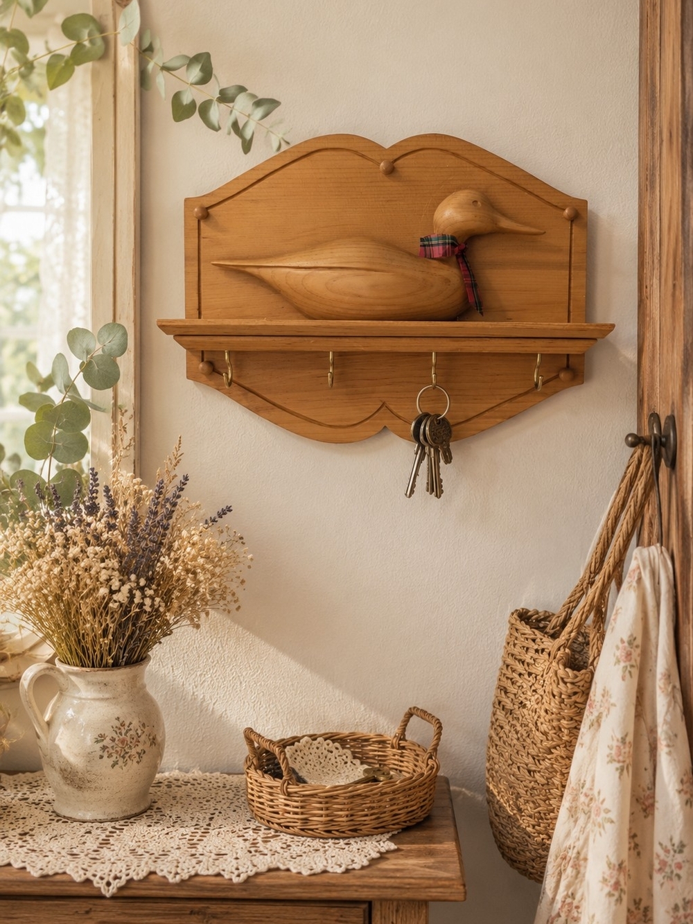 Wooden Duck Key Rack Wall Shelf - Natural Brown